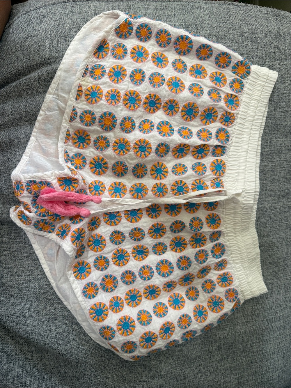 buttons White Patterned Athletic Shorts with Pink Drawstring